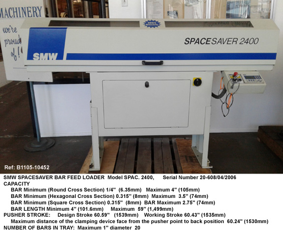 SMW Spacesaver CNC Barfeeder Loader, Model 2400, Bar Capacity 0.25" minimum thru 3.125" maximum, Length 4" thru 48". Number of 1" diameter Bars in Tray 20, Excellent Condition Serial Number 20-608-04-2006 [B1105-10452]