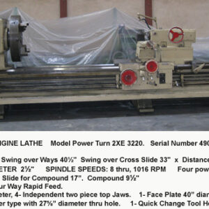 45" sw x 144" cc, Lodge & Shipley Engine Lathe, Swing Cross Slide 33", Model Power Turn 2XE 3220, Thru Hole 2.5", Spindle Speeds 8-1016 rpm, Serial Number 49043 [L3000-10083]