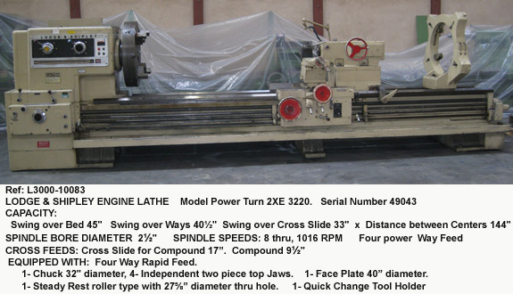 45" sw x 144" cc, Lodge & Shipley Engine Lathe, Swing Cross Slide 33", Model Power Turn 2XE 3220, Thru Hole 2.5", Spindle Speeds 8-1016 rpm, Serial Number 49043 [L3000-10083]