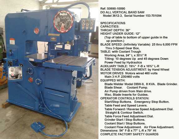 36" Throat, Doall Vertical Band Saw, Model 3612-3, Height Under Guide 13", Variable Cutting Speeds 25 - 6,000 fpm, Power Feed Tilting Table 24" x 30.5", Motor Drive 3 hp, Serial Nmber 153-701094 [S0690-10090]