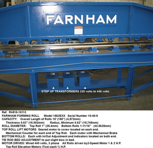 Farnham-1562-EX-Forming-Roll_15-ft_Radius-0.62-in_Thick-0.63-in_Top-Roll-1-in-dia_B-Rolls-1.6875-in-dia_Serial-10-40-9 _Rear-Drive-End Ref 10113-6
