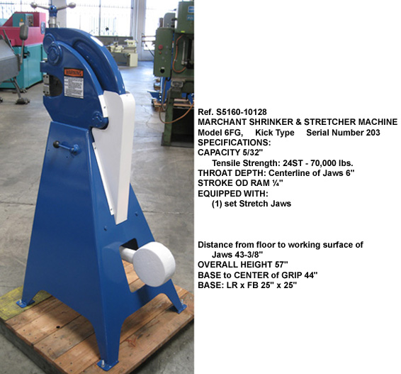 6FG Marchant Shrinking and Stretching Machine, Model 6FG, Throat depth 6", Kick Type, with Stretcher Jaws, Serial Number 203 [S5160-10128]