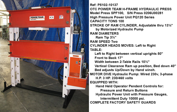 100 Tons capacity, OTC Power Team H- Frame Hydraulic Press, Model SPF100, Traveling Ram, Stroke 13-1/8", Bed 50" L x 17" W, Vertical height 40", 3 hp, Serial Number 0206U00281 [P5102-10137]
