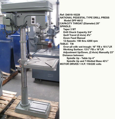 20" National Model DPF-6612 Single Spindle 1 hp 115 volts Pedestal Drill Press