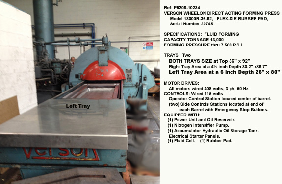 13,000 Tons, Verson Wheelon Fluid Forming Press, Model 13000R-36-92, Forming Pressure 7,500 psi, Draw Depth with two trays 4.5" and 6", [P5206-10234]