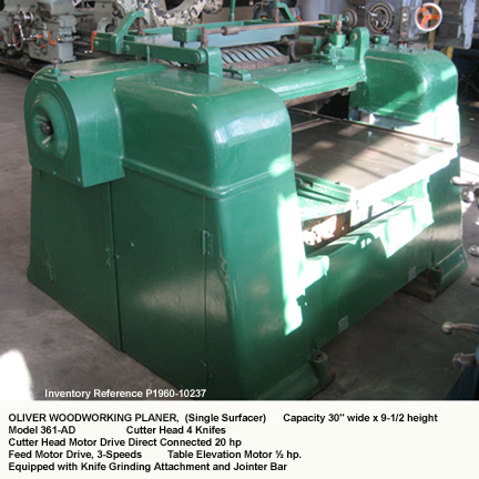 30" width, Oliver Single Surfacer Planer, Model 361-AD, Material Thickness thru 9¼", Sectional Feed Rolls & Chip Breaker, 4 Knifes Head, Direct Drive 20 hp, Knife Grinding & Jointing Attachment, Serial Number 93302 [P1960-10237]