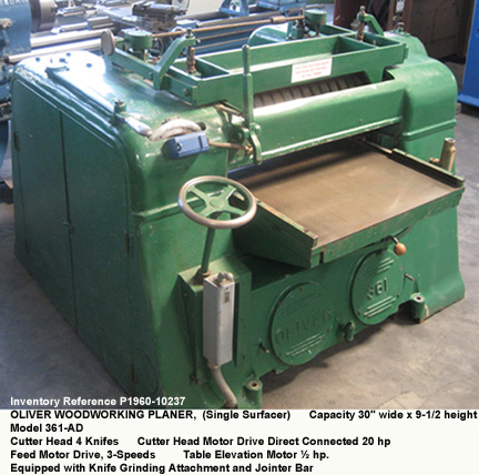 30" width, Oliver Single Surfacer Planer, Model 361-AD, Material Thickness thru 9¼", Sectional Feed Rolls & Chip Breaker, 4 Knifes Head, Direct Drive 20 hp, Knife Grinding & Jointing Attachment, Serial Number 93302 [P1960-10237]