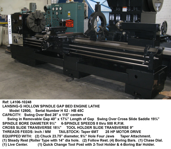 28" swing x 113" centers Lansing Hollow Spindle Gap Bed Engine Lathe, 40" swing in Gap, 9.25" Thru Hole, Inch-Metric, Front & Rear 23.75" Four Jaw Chucks, Serial Number H32-HB-45C [L4106-10248