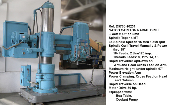 6' arm x 15" column, Natco Carlton Radial Arm Drill, Model 3A, Spindle Speeds 15 - 1500 rpm, Quill Stroke 18", Height under Spindle 67.5", 30 hp, Serial Number 3A-6108 [D5700-10251]