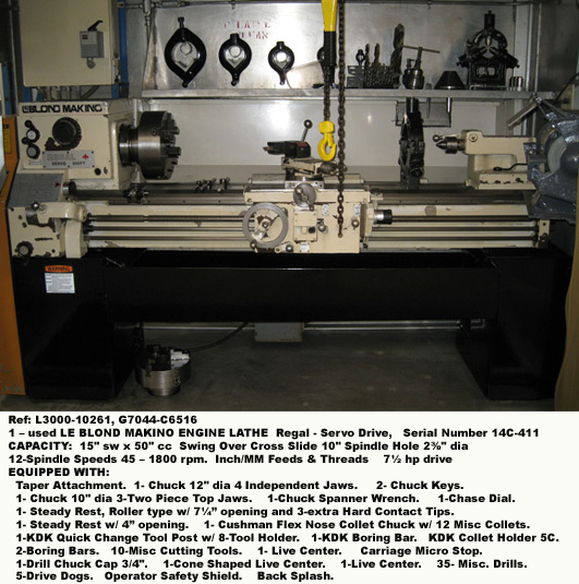 15½" sw x 50" cc, Leblond Makino Regal Servo Shift Engine Lathe, Spindle 2.375", Speed 45-1800 rpm, in-mm, Taper, Serial Number 14C-411, [L3000-10261]