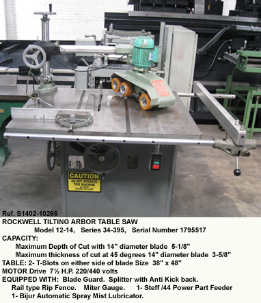 10266 1rockwell table saw14 in diamdl 12 14series 34 395tbl 38 in x 48 in belted 7.5 hprip fenceSerial 1795517 pwr fd spray mist clt F - Century Machinery