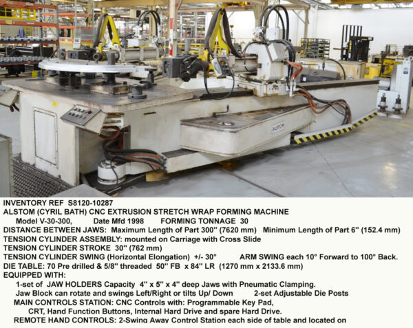 30 tons, Cyril Bath-Alstom V-30-300 CNC Extrusion and Sheet Stretch Wrap Forming Press Machine, Distance between 6" Jaws 300", Tension Cylinder Stroke 30", Independent Arms Movement, Serial Number M-7416, [S8120-10287]