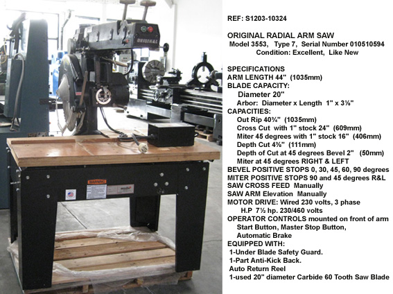 10324 1 original radial arm saw 20 in blades 7.5 hp mdl 3553 40.75 in out rip 24 in ccut Type 7 Serial 010510594 F - Century Machinery