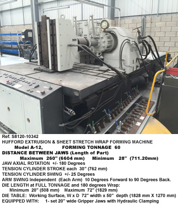 60 tons, Hufford A-12 Extrusion & Sheet Stretch Wrap Forming Press Machine, Distance between jaws Minimum 28", Maximum 264", Sheet Jaws 20 inch wide, Extrusion Gripper Jaws 6 inch, Tension Cylinder Stroke 30", Independent Arm Movement, Serial Number 40, [S8120-10342]