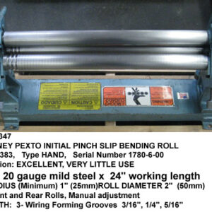 24" x 20 gauge Roper Whitney Pexto Initial Pinch Slip Bending Roll, Model 383, Roll Diameter 2", with 3-wire Grooves, Serial Number 1780-6-00 [R5603-10347]