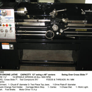 13" sw x 40" cc, Turnmaster Engine Lathe, Thru Hole 1.5", Spindle Speed 45-900 rpm, Inch-MM, Taper, 1.5 hp, Serial Number 1340F08850259 [L3000-10393]