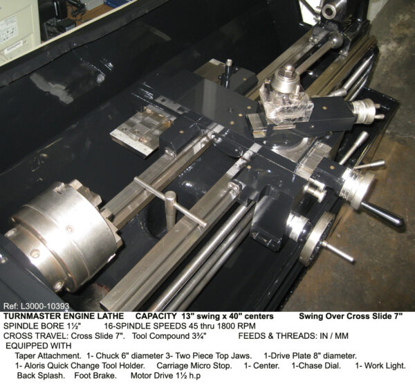 13" sw x 40" cc, Turnmaster Engine Lathe, Thru Hole 1.5", Spindle Speed 45-900 rpm, Inch-MM, Taper, 1.5 hp, Serial Number 1340F08850259 [L3000-10393]