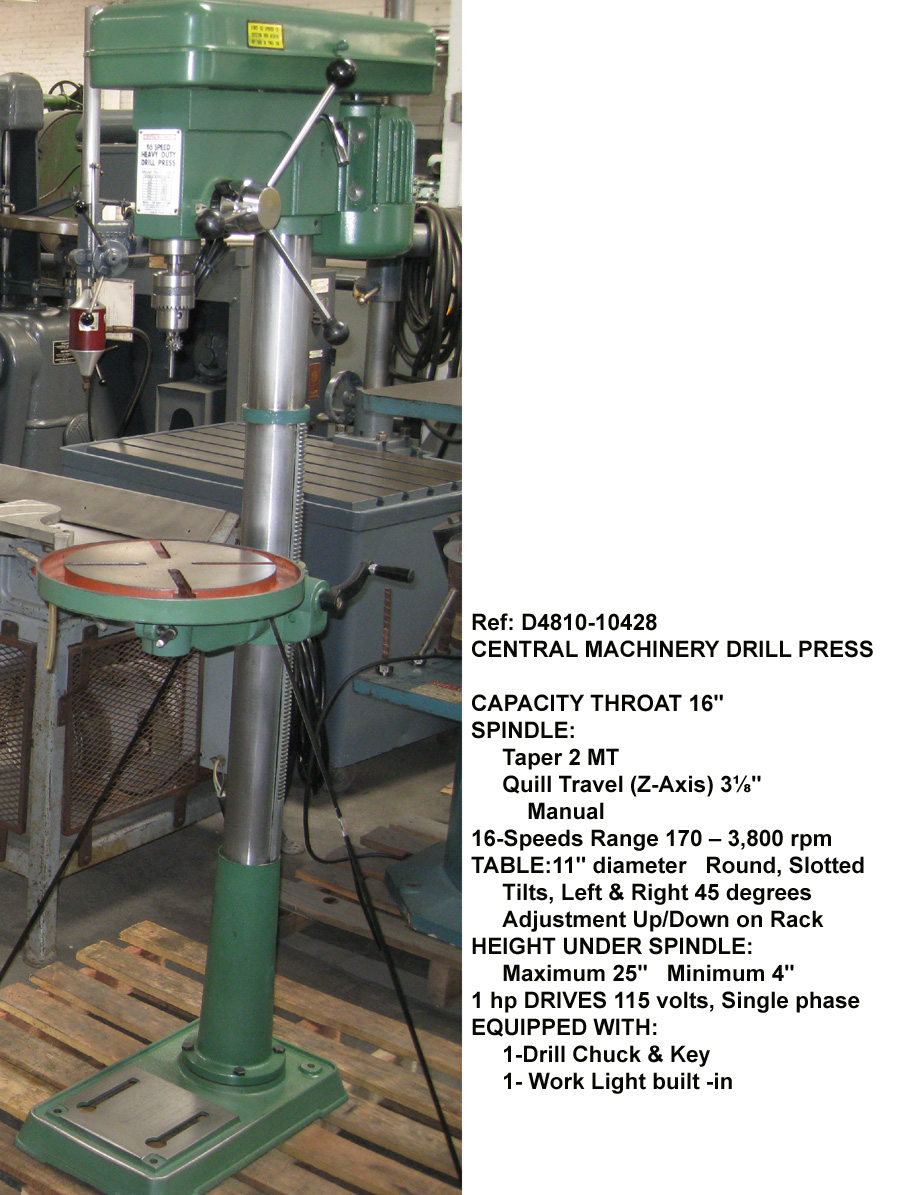 16" Throat Depth, Central Machinery Single Spindle Pedestal Drill Press, Spindle 16-speeds 170-3800 rpm, Serial Number Motor K15750 [D4810-10428]