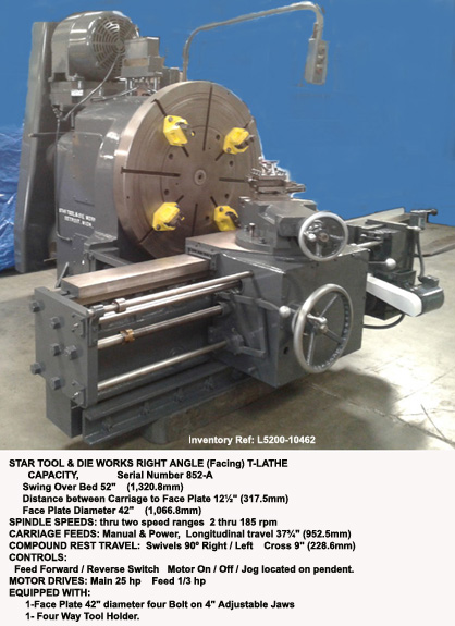 52" swing x 12.5" centers, Star Right Angle, T-Lathe, 42" diameter Face Plate with 4-Adjustable Jaws, Spindle Speeds 2 thru185 rpm, Thru Hole 3" diameter, Drive 25 hp, Serial Number 852-A [L5200-10462]