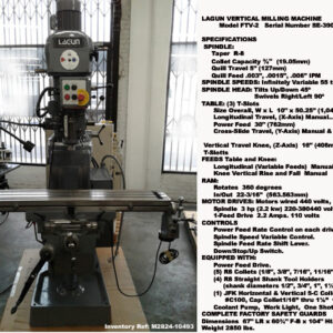 Lagun Vertical Milling Machine, Model FTV-2, Power Feed 10" x 50" Table, Variable Speed 55 thru 4250 rpm, Motor Drive 3 hp, Serial Number SE-39087 [M2824-10493]