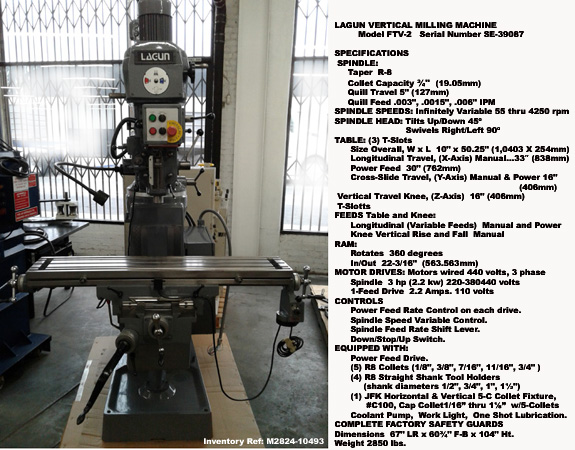 Lagun Vertical Milling Machine, Model FTV-2, Power Feed 10" x 50" Table, Variable Speed 55 thru 4250 rpm, Motor Drive 3 hp, Serial Number SE-39087 [M2824-10493]
