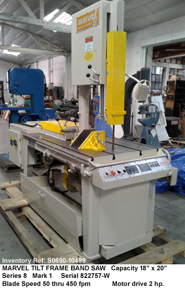 18" x 20" Marvel Tilting Frame Vertical Band Saw, Series 8, Mark I, Blade Speed variable 50 - 450 fpm, Motor Drive 2 hp, Serial Number 822757-W [S0690-10499]
