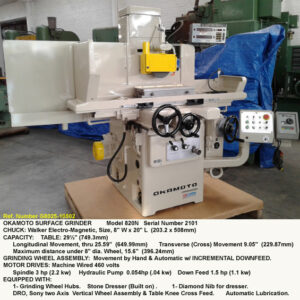 8" x 20" Okamoto Reciprocation Table Surface Grinder, Model 820N, Power Feed 3-axis, Incremental Down Feed, DRO, Serial Number 2101 [G8025-10502]