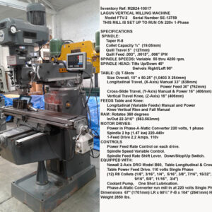 Lagun Vertical Milling Machine, Model FTV-2, Variable Spindle Speed 55 thru 4250 rpm, Power Feed 10" x 50" Table, Phase Converter, DRO, 2 hp, Serial Number SE-13759 [M2824-10517]