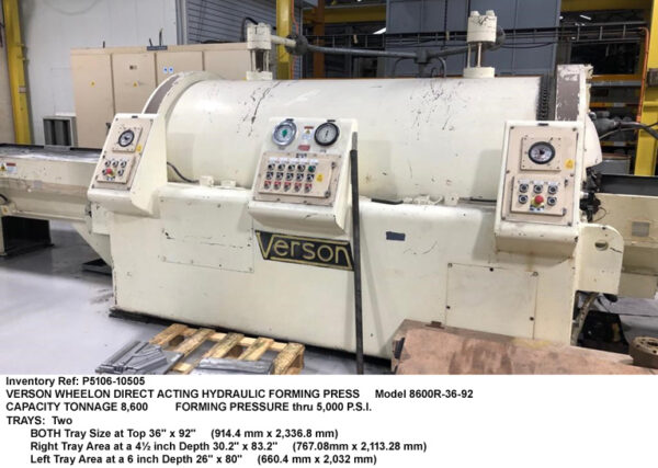 8600 tons, Verson Wheelon Fluid Forming Press, Model 8600R-36-92, Forming Pressure 5,000 psi, Forming Depth 4.5" & 6", Serial Number 20995 [P5206-10521]