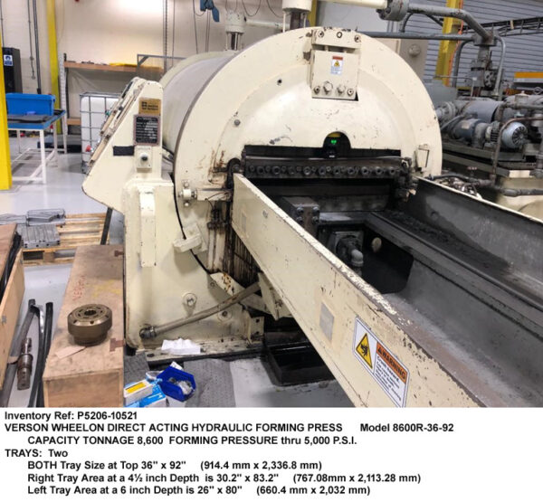 8600 tons, Verson Wheelon Fluid Forming Press, Model 8600R-36-92, Forming Pressure 5,000 psi, Forming Depth 4.5" & 6", Serial Number 20995 [P5206-10521]