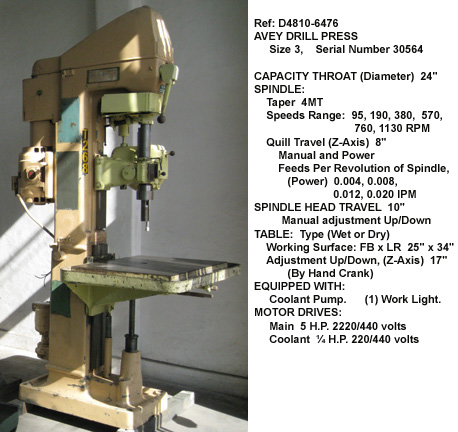 24" throat, Avey Single Spindle Drill Press, Size 3, Spindle Speed 95-1130 rpm, 5 hp, Taper 4-mt, Manual & Power Down Feed, Sliding Head, Table Size 25" x 34", Serial Number 30564 [D4810-6476]