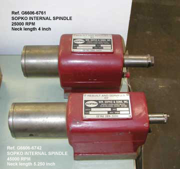 Sopko Internal Grinding Spindle, Style Red Head, Type 405-250200, Spindle Speed 25,000 rpm, Length of Neck 4", Dimension V-Ways 4.75" width x 6" length, Serial Number 116721 [G6526-6761]