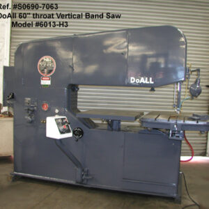 60" throat DoAll Vertical Band Saw, Model 6013-H3, Height Under Guide 13", Infinitley Variable Band Speeds 40 thru 10,800 fpm, 3-Speed Gear Box, Power Feed Tilting Table, 7.5 hp drive, Serial Number 199-079143, [SS0690-7063]