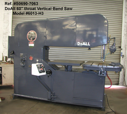 60" throat DoAll Vertical Band Saw, Model 6013-H3, Height Under Guide 13", Infinitley Variable Band Speeds 40 thru 10,800 fpm, 3-Speed Gear Box, Power Feed Tilting Table, 7.5 hp drive, Serial Number 199-079143, [SS0690-7063]