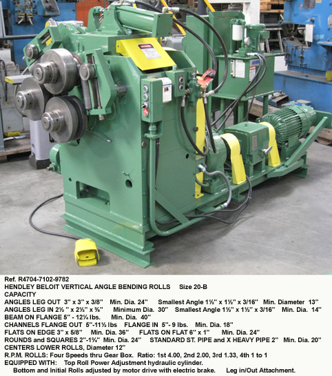 3" x 3" x 0.1875" Hendley Beloit Vertical Angle Bending Roll, Leg in-out, Hydraulic Lift Top Roll, Variable Speed Roll, Model 20-B, Serial Number 16701 [R4704-7102]