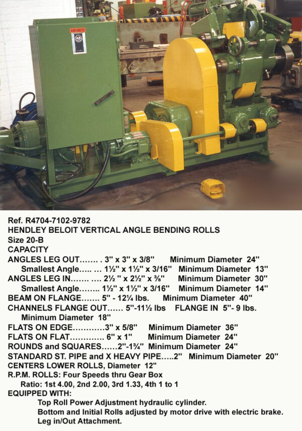 3" x 3" x 0.1875" Hendley Beloit Vertical Angle Bending Roll, Leg in-out, Hydraulic Lift Top Roll, Variable Speed Roll, Model 20-B, Serial Number 16701 [R4704-7102]