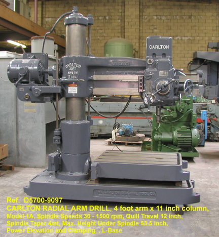 4' x 11" Column, Carlton Radial Arm Drill, Size1A, Spindle Speeds 30 - 1500 rpm, Spindle Travel 12", Spindle Taper 4-mt, Height Under Column 53.5", Power Elevation & Column, SerialA1157 [D5700-9097]