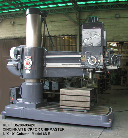 6' arm x 19" column Cincinnati Bickford, Chipmaster Radial Arm Drill, Spindle Speeds 11-1250 rpm, Spindle Taper #5mt, Spindle Quill Travel 21½", Hight under spindle 82", Power Elevation-Cross Travel & Clamping, Serial Number 6NE-103 [D5700-9342]