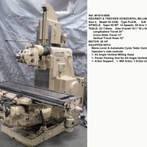 Kearney & Trecker Plain Horizontal Milling Machine, Size 30 Plain, Model CSM, Spindle Speeds 50-1250 rpm, Table 15-1/2" x 65", 30 hp, Parking Attachment for All Angle Vertical Milling Head, Serial Number 16-6083 [M1974-9506]