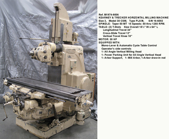 Kearney & Trecker Plain Horizontal Milling Machine, Size 30 Plain, Model CSM, Spindle Speeds 50-1250 rpm, Table 15-1/2" x 65", 30 hp, Parking Attachment for All Angle Vertical Milling Head, Serial Number 16-6083 [M1974-9506]