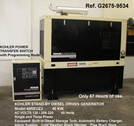55 KW Kohler Diesel Generator, KVA 55, Model 40REOZJ, Power System, Voltage110-120-220-240 480 volts, Single and Three Phase, Power Transfer Switch, Serial Number 611080 [G2675-9534]