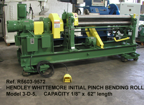 62" x 0.125" Hendley Whittemore Initial Pinch Bending Roll, Model 3-D-5, 10 Gauge, Power Elevation on Rolls, Serial Number 16240 [R5603-9572]