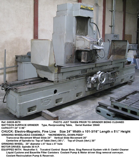 24" x 101" x 24" Mattison Surface Grinder, Actual 24" x 96", 3-axis Power Feed, Incremental Down Feed, Stone 20" Diameter x 6" Wide, Serial Number 20648 [G8025-9578]