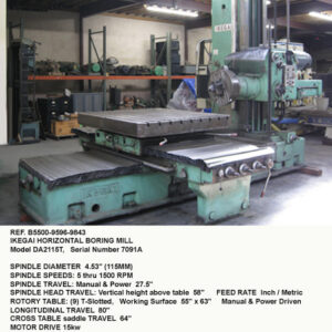 4.53", Ikegai Horizontal Boring Mill, Model DA2115T, X-55" Y-8", Z-120", Power Rotary Table 55" x 63", Spindle Sprrds 20-1000 rpm, Inch-Metric Feeds, Serial Number 303-7091A [B5500-9596-9843]