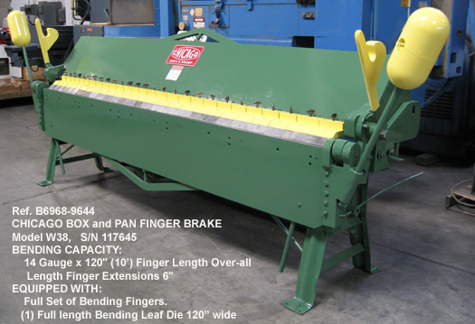 14 gauge x 10', Chicago Box & Pan Finger Brake, Model W38, Set of Fingers & Full Length Bending Leaf, Serial Number 117645 [B6968-9644]