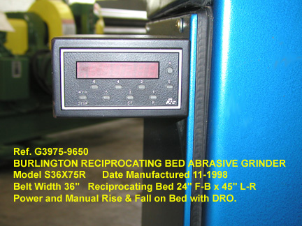 36" wide Burlington Rand Bright Reciprocating Bed Abrasive Belt Grinder-Sander, Model S36X75R, Part Table 24" x 46", Belt drive 30 hp, Bed Elevation with DRO, Serial Number 1351-2664, [G3975-9650]