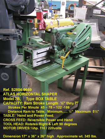 9669-1, Atlas Horizontal Shaper, Model 7B, Stroke 7", Swivel 4" wide Vise, Knee Feed Hand & Power Feed 9", Height Table to Ram 5". Serial Number 007868_Right-F.