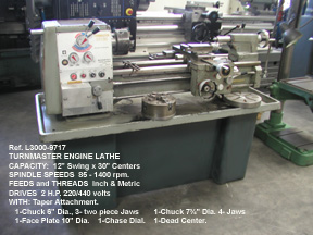 12" sw x 30" cc, Turnmaster Engine Lathe, Swing Cross Slide 7", Speed 85-1400 rpm, Hole 1.5" diameter, in-mm, Taper Attachment, Serial Number 2056 [L3000-9717]