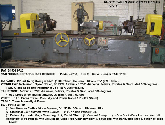 22" sw x 74" cc Winona Van Norman Crankshaft Grinder, Model 477TA, Power Feed Longitudinal & Cross, (two) 8" 3-jaw chucks ,Trim-a-Just Feature, Serial Number 7146-1170 [G4526-9722]