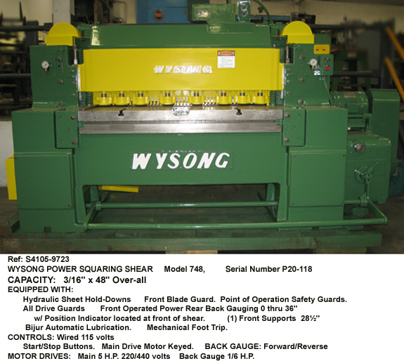 0.1875" (3/16") x 48" Wysong Power Squaring Shear, Model 748, Front Operated Power Back Gauge thru 36", 2-Sheet Supports, Serial Number P20-118 [S4105-9723X]